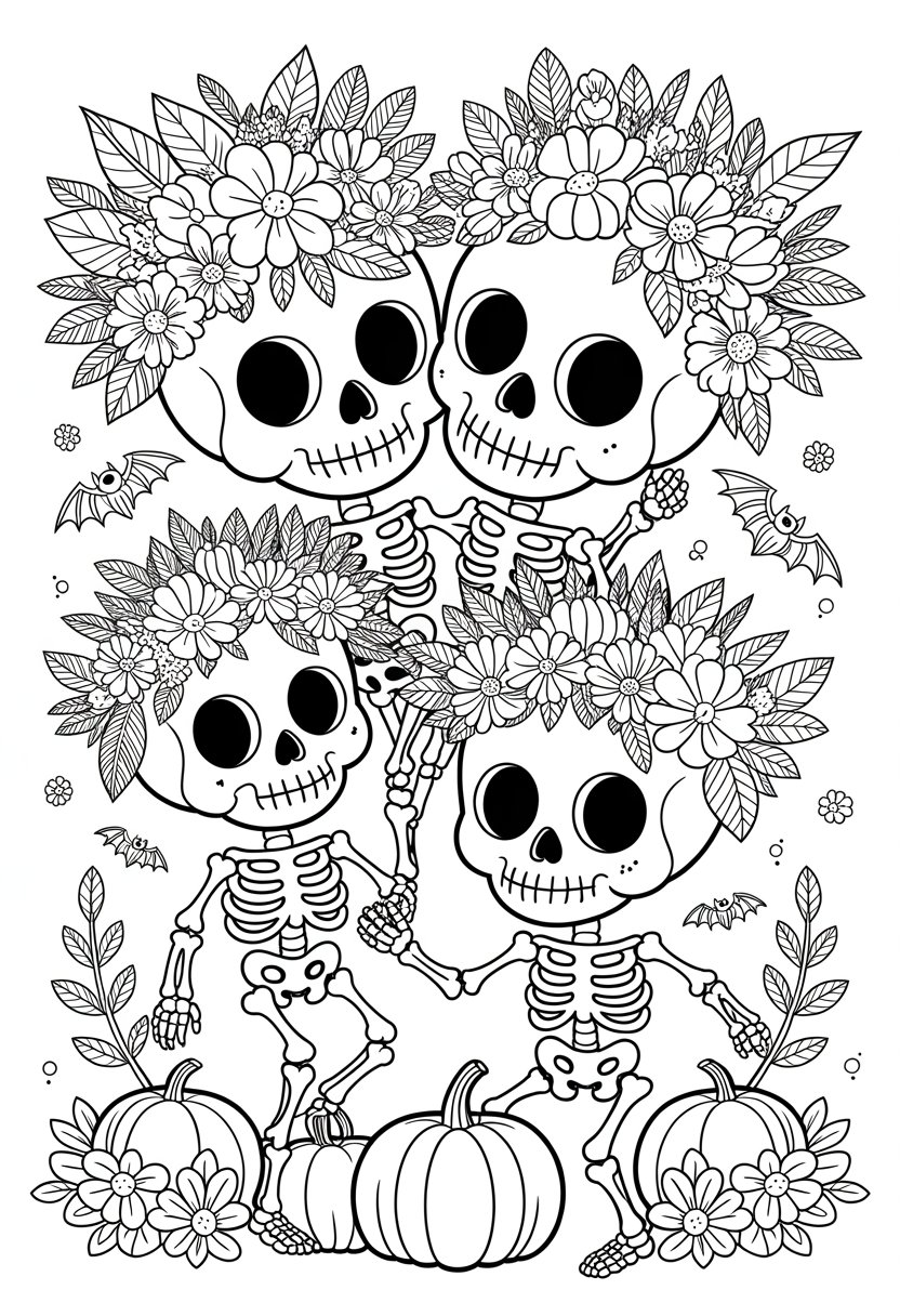 Halloween Coloring Pages Cute Collection of 20 Fun and Easy Designs 31 Two cute skeletons wearing flower crowns surrounded by flowers and Halloween decorations like pumpkins and bats.